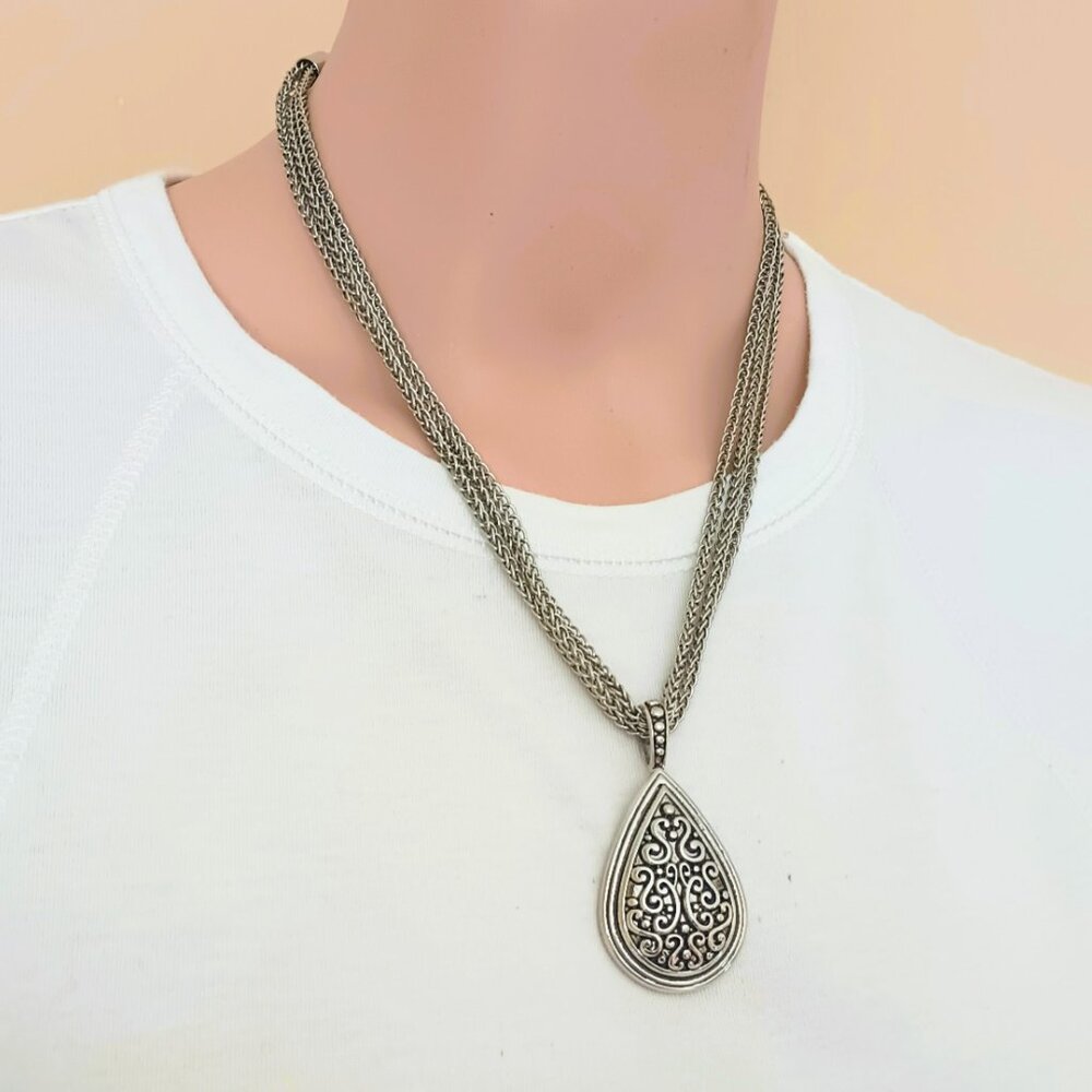 Lia Sophia Etched Tear Drop Necklace 18" Silver Tone Triple Chain Choker